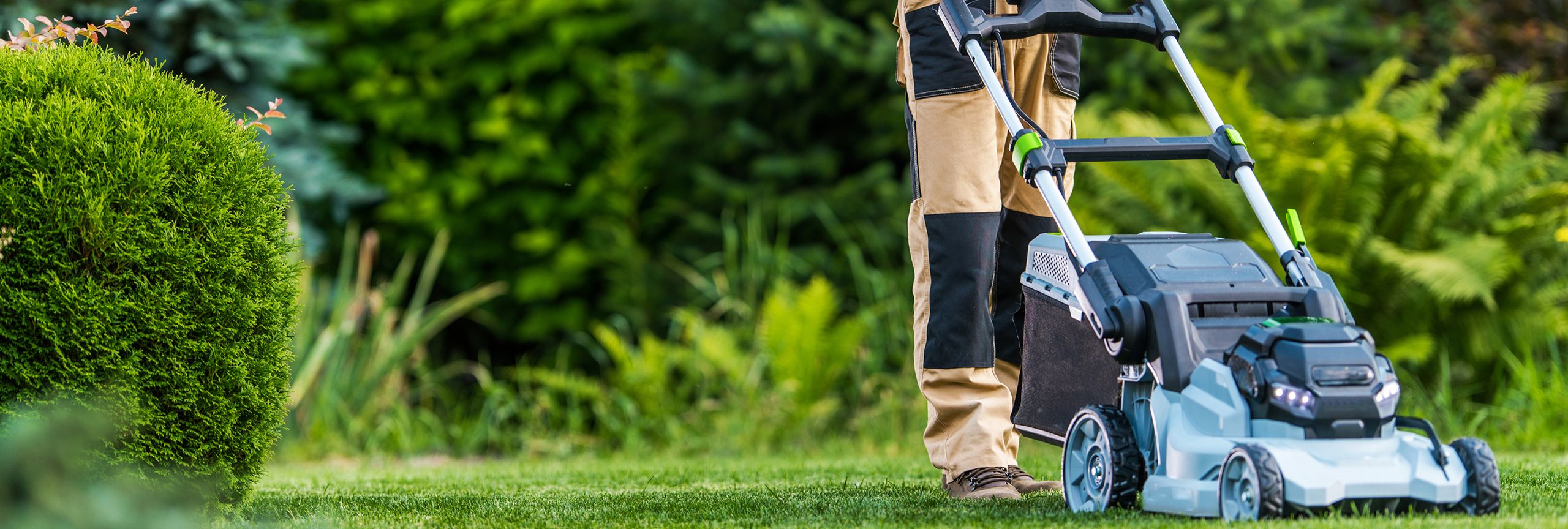 Mann mäht einen Rasen mit einen Rasenmäher